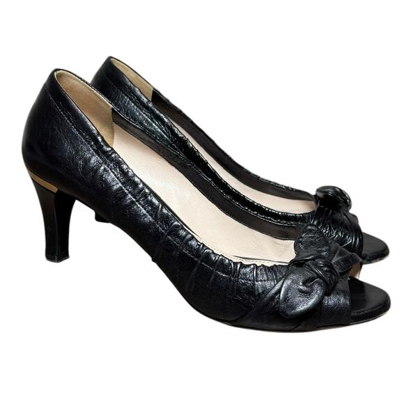 PRADA Peep Toe Heels Women 37.5 Black Leather Classic Luxury Vintage Pinup Logo - Picture 7 of 16